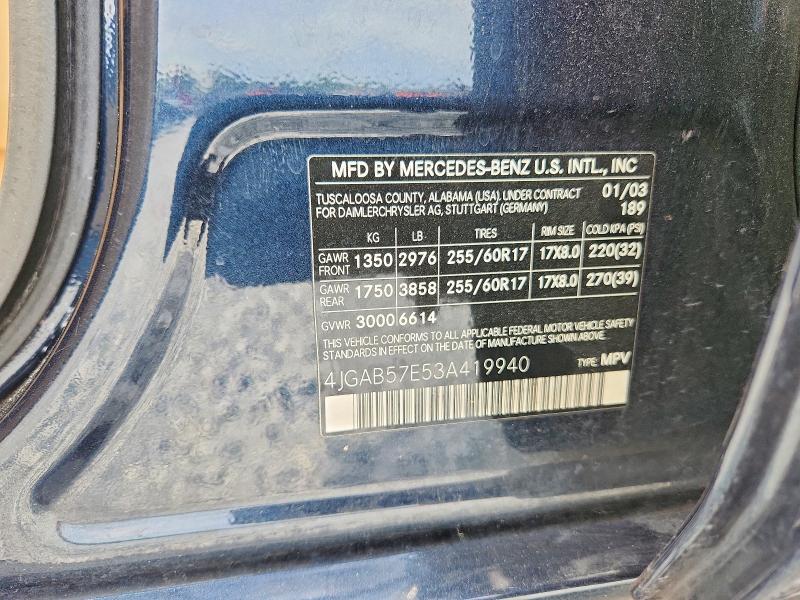 54762606 :رقم المزاد ، 4JGAB57E53A419940 vin ، 2003 Mercedes-benz Ml مزاد بيع