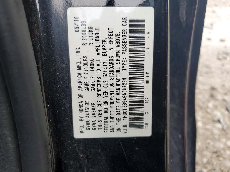 2016 Honda Accord მანქანა იყიდება აუქციონზე, vin: 1HGCT2B94GA007289, აუქციონის ნომერი: 54201036