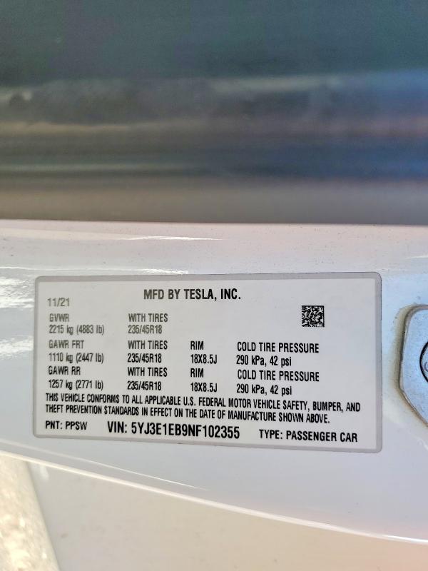 Aukcja sprzedaży 2022 Tesla Model 3, vin: 5YJ3E1EB9NF102355, numer aukcji: 52970876