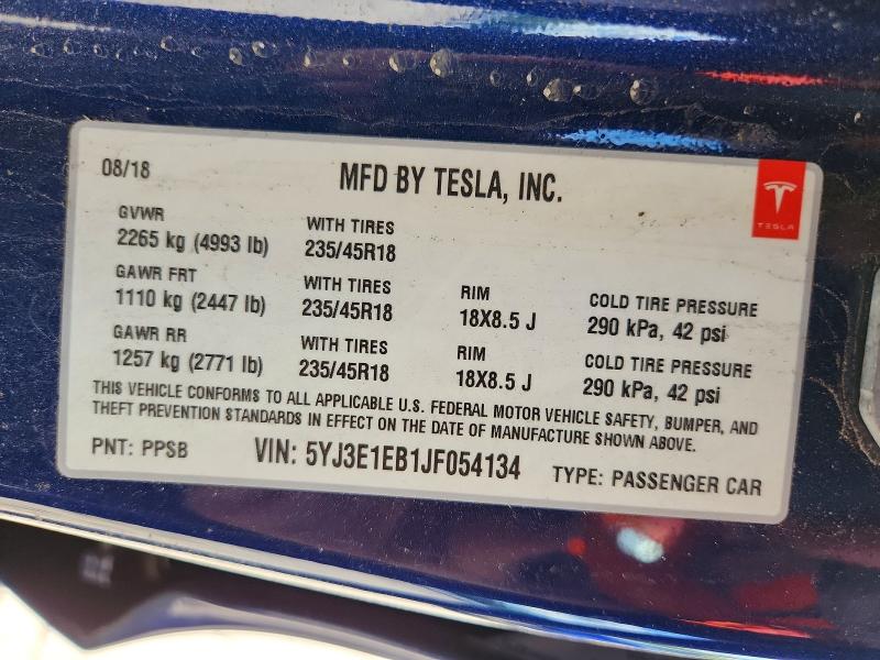 Продаж на аукціоні авто 2018 Tesla Model 3, vin: 5YJ3E1EB1JF054134, номер лоту: 53516786