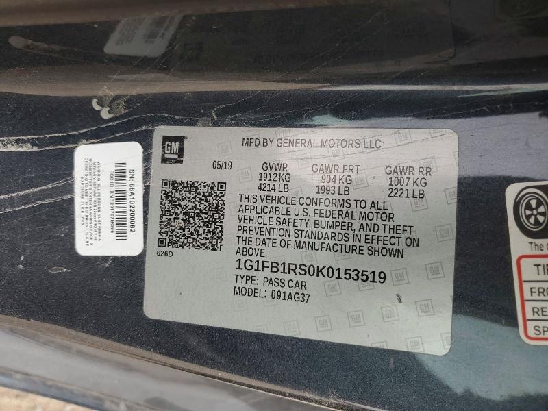 Продаж на аукціоні авто 2019 Chevrolet Camaro, vin: 1G1FB1RS0K0153519, номер лоту: 54011716