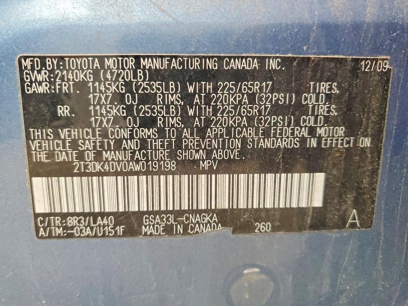 53166856 :رقم المزاد ، 2T3DK4DV0AW019198 vin ، 2010 Toyota Rav4 مزاد بيع