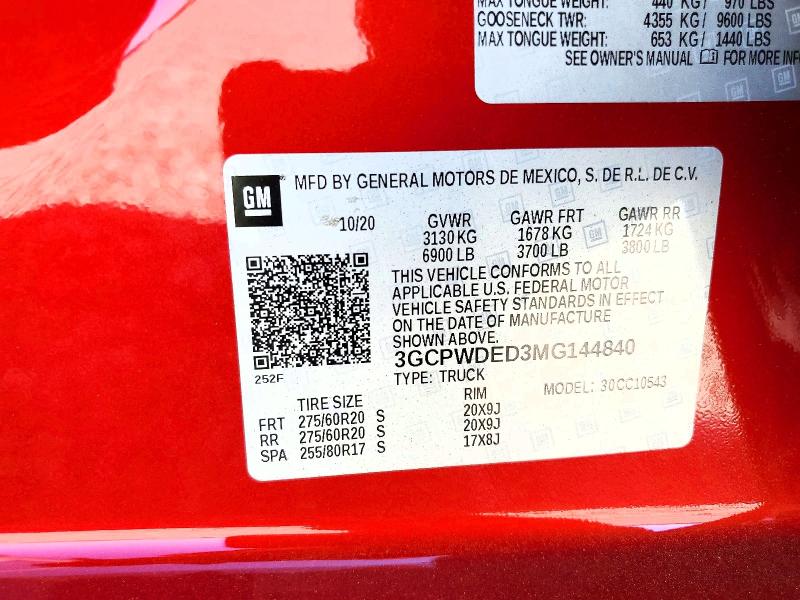 52763976 :رقم المزاد ، 3GCPWDED3MG144840 vin ، 2021 Chevrolet Silverado مزاد بيع