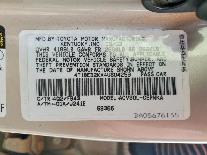 55281356 :رقم المزاد ، 4T1BE32KX4U804259 vin ، 2004 Toyota Camry مزاد بيع
