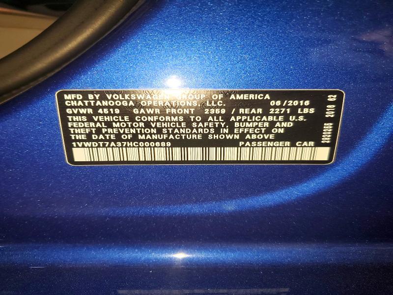 Продажа на аукционе авто 2017 Volkswagen Passat, vin: 1VWDT7A37HC000689, номер лота: 54429846
