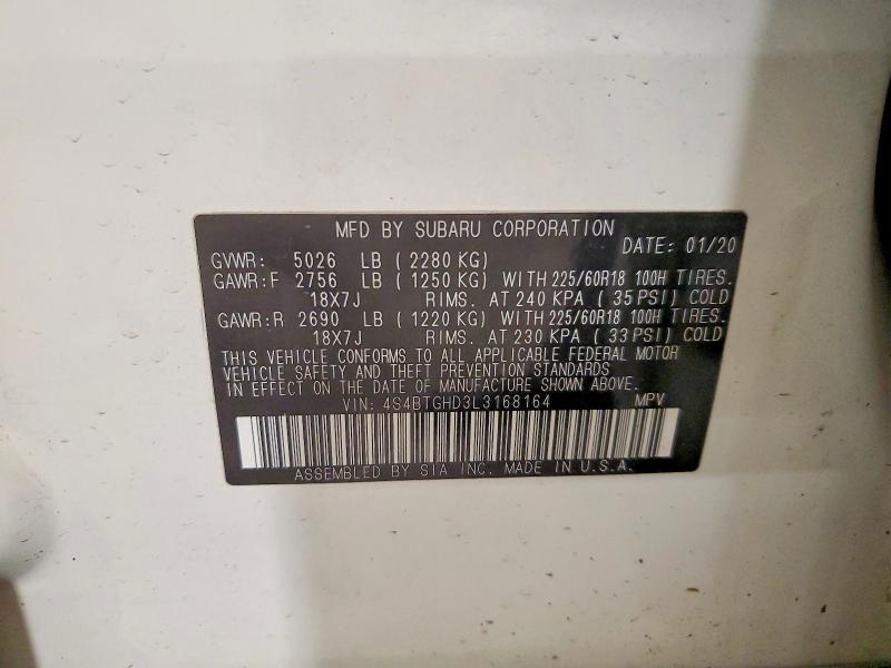 54218006 :رقم المزاد ، 4S4BTGHD3L3168164 vin ، 2020 Subaru Outback مزاد بيع