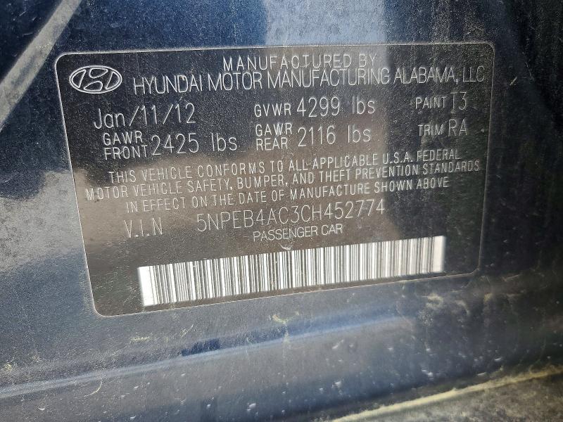 52648376 :رقم المزاد ، 5NPEB4AC3CH452774 vin ، 2012 Hyundai Sonata مزاد بيع