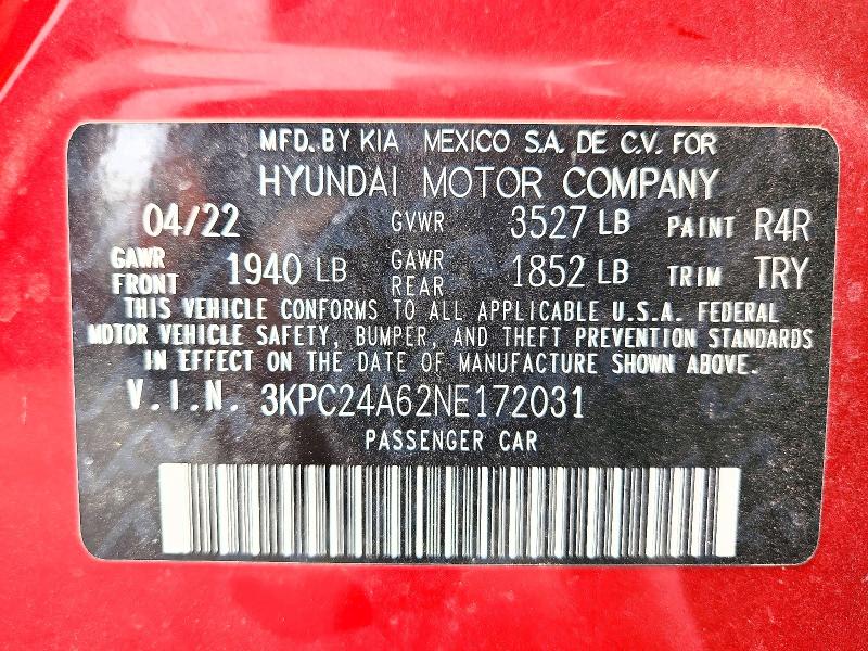 Продаж на аукціоні авто 2022 Hyundai Accent, vin: 3KPC24A62NE172031, номер лоту: 51799566
