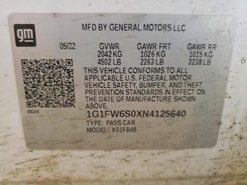 54528376 :رقم المزاد ، 1G1FW6S0XN4125640 vin ، 2022 Chevrolet Bolt Ev مزاد بيع