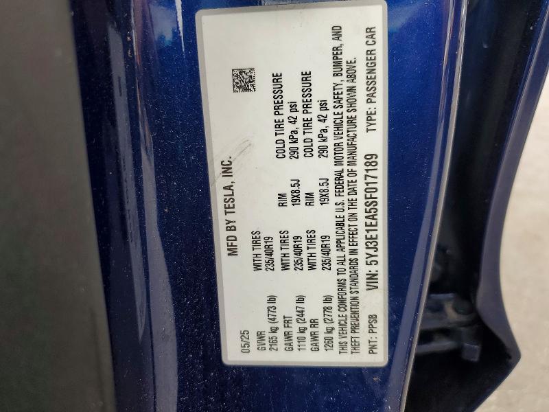 Aukcja sprzedaży 2025 Tesla Model 3, vin: 5YJ3E1EA5SF017189, numer aukcji: 51757846