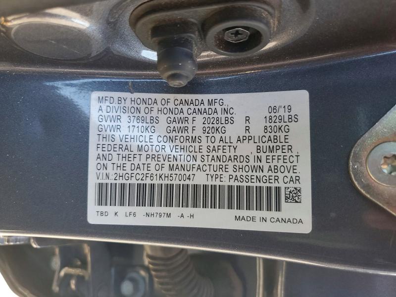 Продаж на аукціоні авто 2019 Honda Civic, vin: 2HGFC2F61KH570047, номер лоту: 54428516