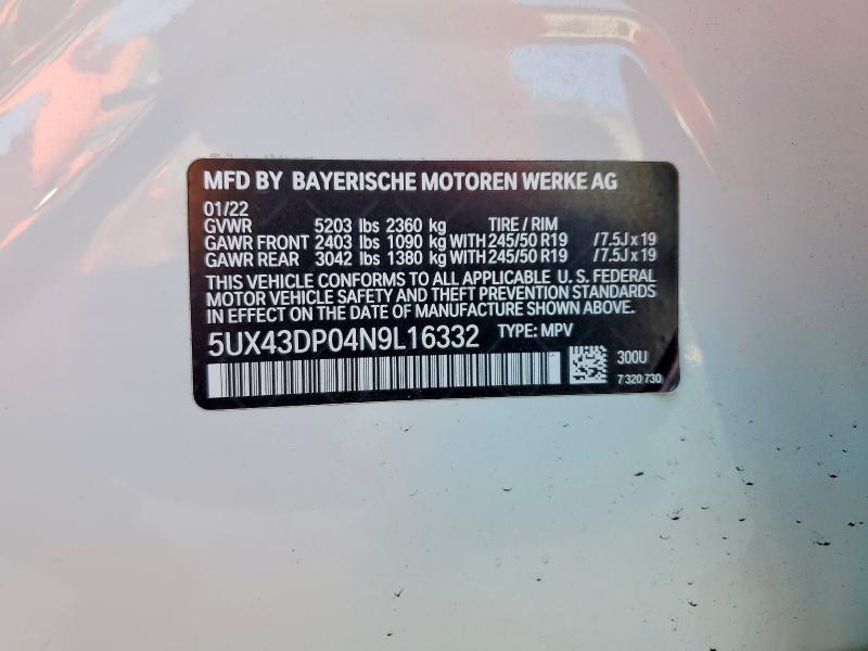 53335086 :رقم المزاد ، 5UX43DP04N9L16332 vin ، 2022 Bmw X3 مزاد بيع