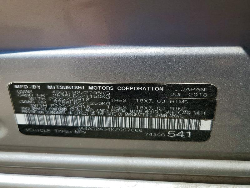 Продажа на аукционе авто 2019 Mitsubishi Outlander, vin: JA4AD2A34KZ007068, номер лота: 53109166