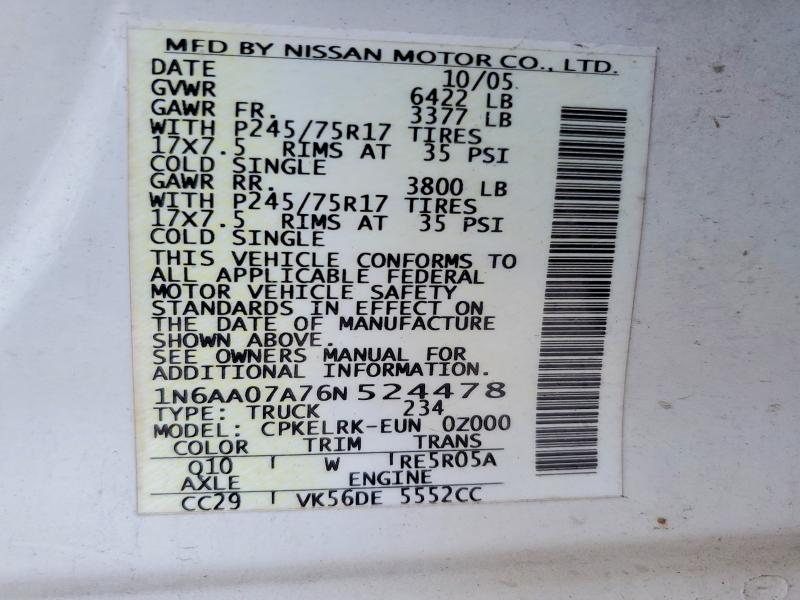 2006 Nissan Titan მანქანა იყიდება აუქციონზე, vin: 1N6AA07A76N524478, აუქციონის ნომერი: 52989276