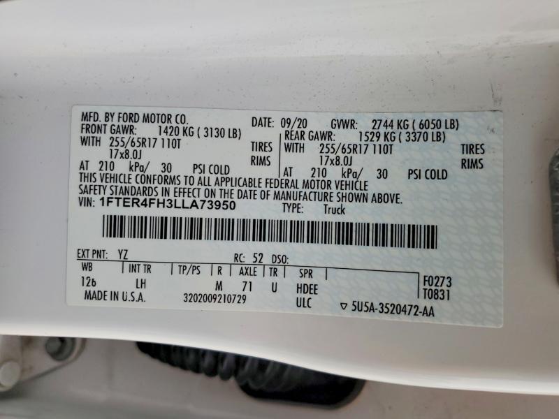 Продажа на аукционе авто 2020 Ford Ranger, vin: 1FTER4FH3LLA73950, номер лота: 52577996
