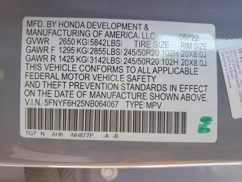 54476256 :رقم المزاد ، 5FNYF6H25NB064067 vin ، 2022 Honda Pilot مزاد بيع