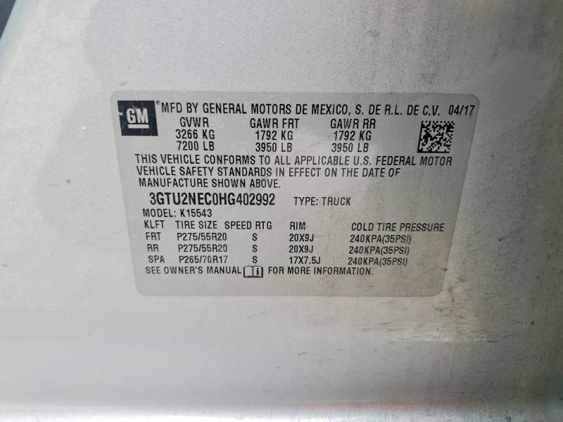 Продаж на аукціоні авто 2017 Gmc Sierra, vin: 3GTU2NEC0HG402992, номер лоту: 52895166