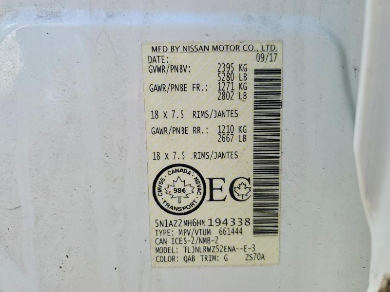 52432996 :رقم المزاد ، 5N1AZ2MH6HN194338 vin ، 2017 Nissan Murano مزاد بيع