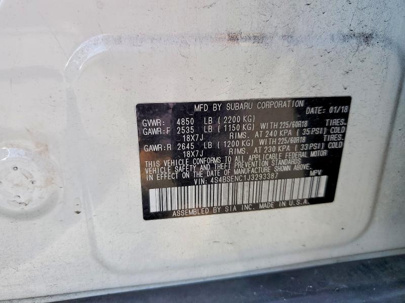 2018 Subaru Outback მანქანა იყიდება აუქციონზე, vin: 4S4BSENC1J3293387, აუქციონის ნომერი: 54473066