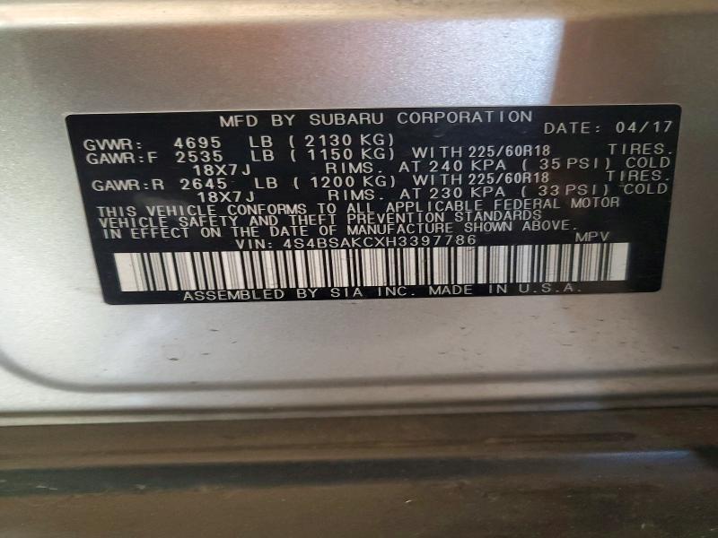 Продаж на аукціоні авто 2017 Subaru Outback, vin: 4S4BSAKCXH3397786, номер лоту: 54477946