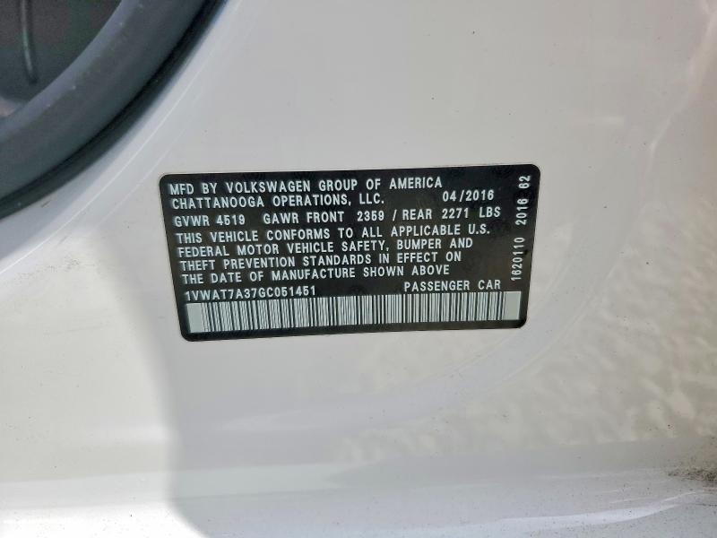 Продажа на аукционе авто 2016 Volkswagen Passat, vin: 1VWAT7A37GC051451, номер лота: 52369046