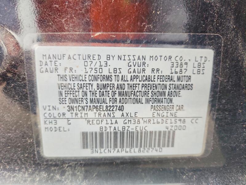 53405976 :رقم المزاد ، 3N1CN7AP6EL822740 vin ، 2014 Nissan Versa مزاد بيع