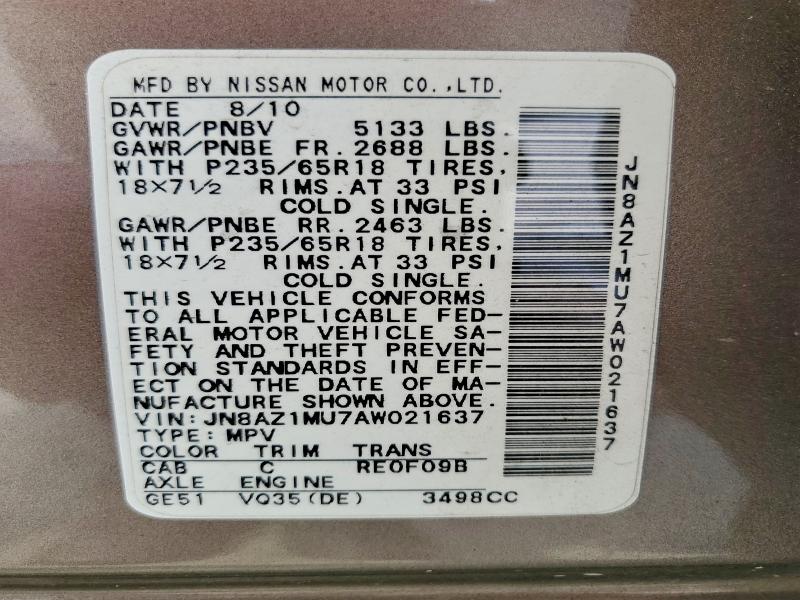 Продаж на аукціоні авто 2010 Nissan Murano, vin: JN8AZ1MU7AW021637, номер лоту: 53127086