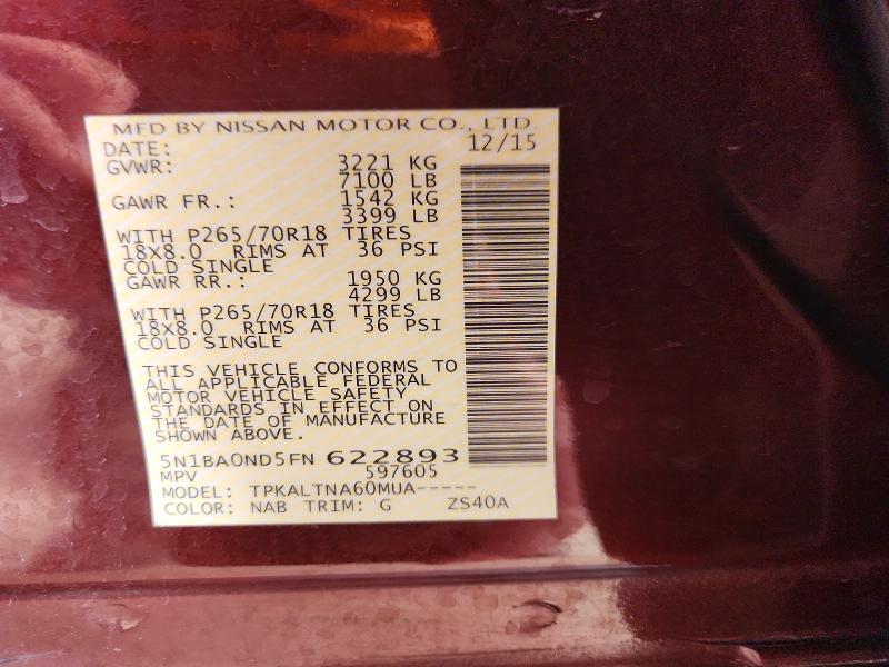 52422436 :رقم المزاد ، 5N1BA0ND5FN622893 vin ، 2015 Nissan Armada مزاد بيع