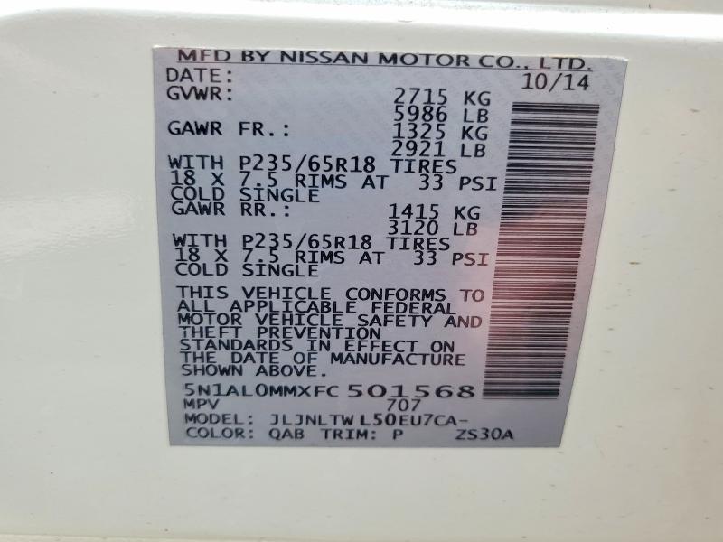 54531356 :رقم المزاد ، 5N1AL0MMXFC501568 vin ، 2015 Infiniti Qx60 مزاد بيع