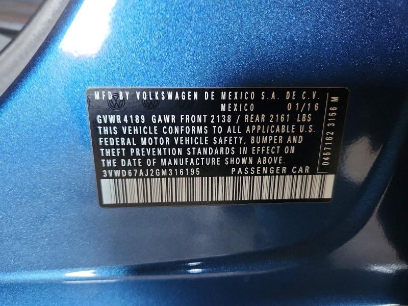 52910476 :رقم المزاد ، 3VWD67AJ2GM316195 vin ، 2016 Volkswagen Jetta مزاد بيع