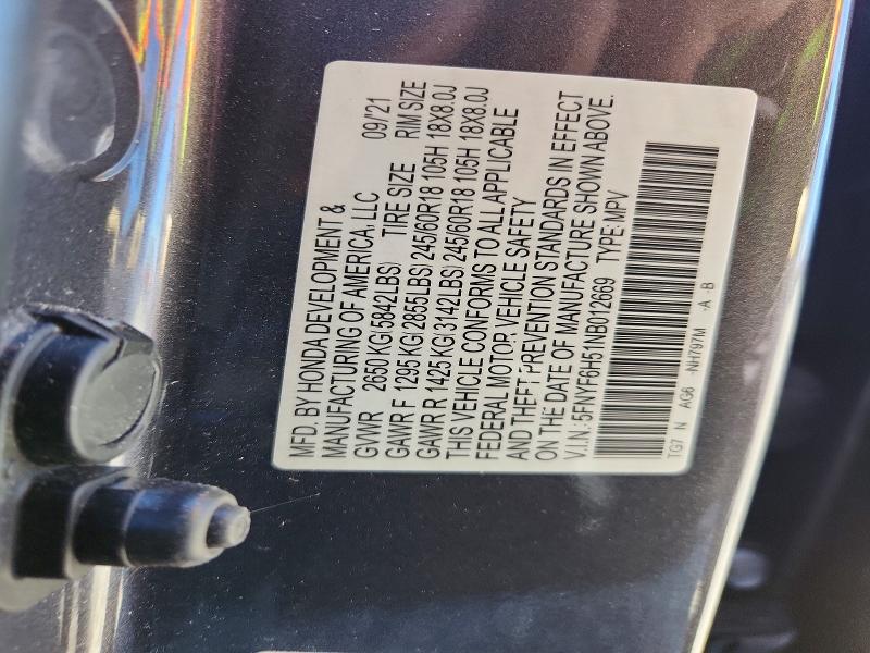 2022 Honda Pilot მანქანა იყიდება აუქციონზე, vin: 5FNYF6H51NB012669, აუქციონის ნომერი: 52864216