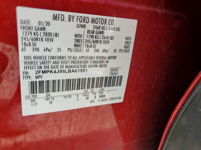Aukcja sprzedaży 2020 Ford Edge, vin: 2FMPK4J95LBA61551, numer aukcji: 54922836