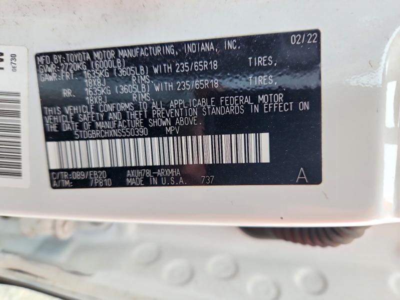 2022 Toyota Highlander Hybrid მანქანა იყიდება აუქციონზე, vin: 5TDGBRCHXNS550390, აუქციონის ნომერი: 52336386