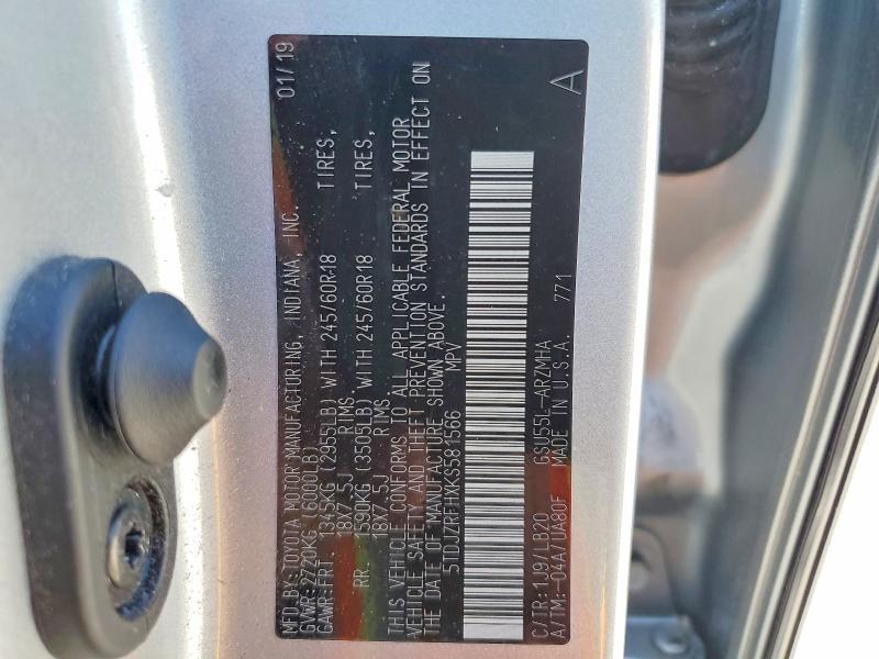 54672966 :رقم المزاد ، 5TDJZRFHXKS581566 vin ، 2019 Toyota Highlander مزاد بيع