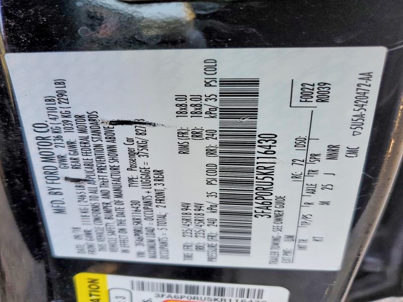 2019 Ford Fusion მანქანა იყიდება აუქციონზე, vin: 3FA6P0RU5KR116430, აუქციონის ნომერი: 41629566