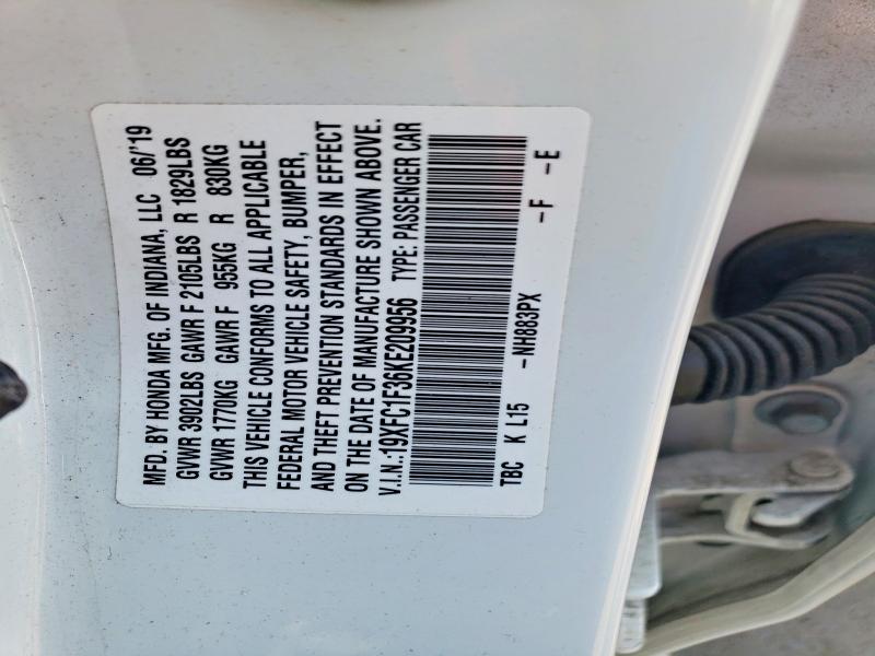 2019 Honda Civic მანქანა იყიდება აუქციონზე, vin: 19XFC1F36KE209956, აუქციონის ნომერი: 53986616