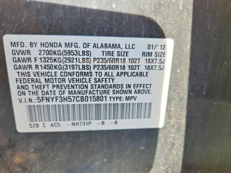 53322566 :رقم المزاد ، 5FNYF3H57CB015801 vin ، 2012 Honda Pilot مزاد بيع