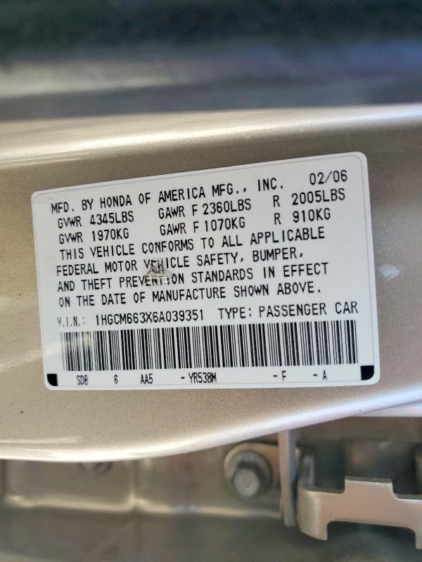 2006 Honda Accord მანქანა იყიდება აუქციონზე, vin: 1HGCM663X6A039351, აუქციონის ნომერი: 55240396