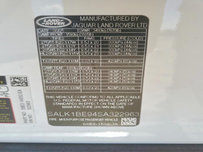 2025 Land Rover Range Rover მანქანა იყიდება აუქციონზე, vin: SALK1BE94SA322963, აუქციონის ნომერი: 54114196