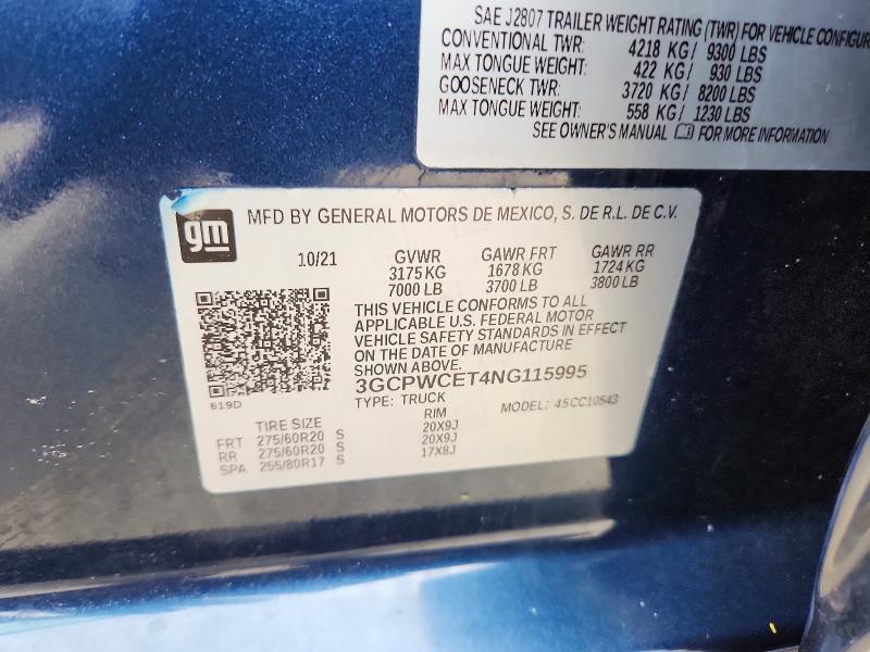 Продаж на аукціоні авто 2022 Chevrolet Silverado Ltd, vin: 3GCPWCET4NG115995, номер лоту: 52839886