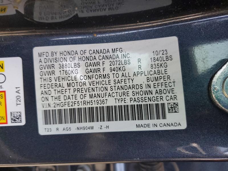 54002636 :رقم المزاد ، 2HGFE2F51RH519367 vin ، 2024 Honda Civic مزاد بيع