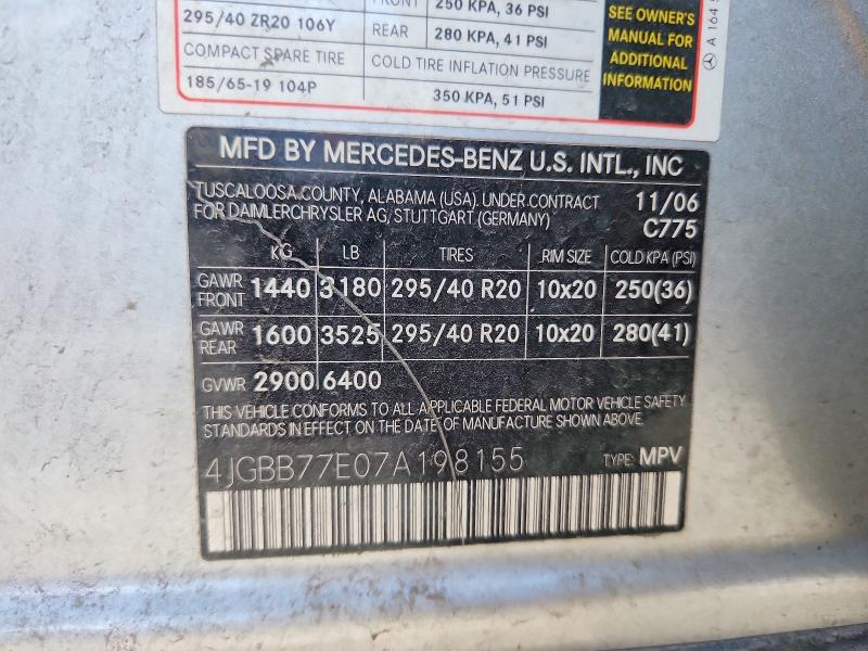 48547506 :رقم المزاد ، 4JGBB77E07A198155 vin ، 2007 Mercedes-benz Ml مزاد بيع