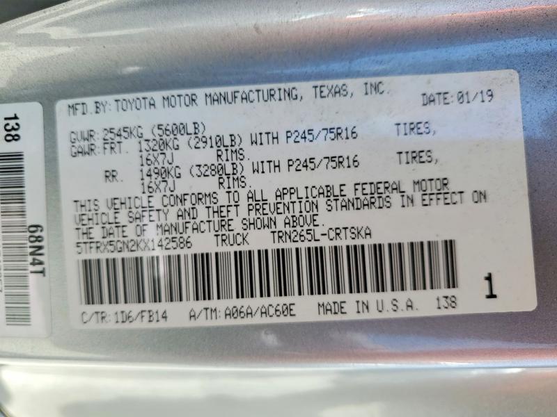 Aukcja sprzedaży 2019 Toyota Tacoma, vin: 5TFRX5GN2KX142586, numer aukcji: 52961486