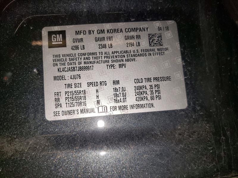 2018 Buick Encore მანქანა იყიდება აუქციონზე, vin: KL4CJASB7JB699917, აუქციონის ნომერი: 52525676