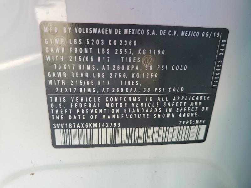 52099416 :رقم المزاد ، 3VV1B7AX6KM142793 vin ، 2019 Volkswagen Tiguan مزاد بيع