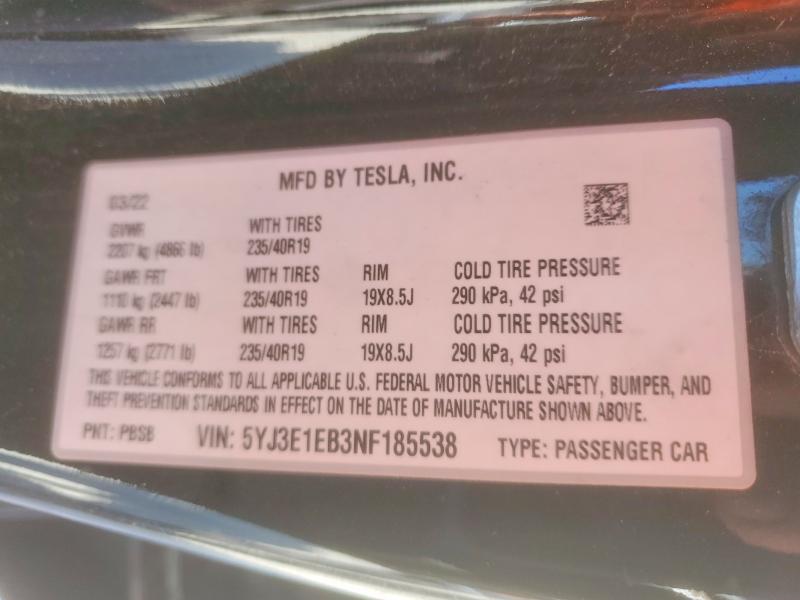 Продажа на аукционе авто 2022 Tesla Model 3, vin: 5YJ3E1EB3NF185538, номер лота: 52914916