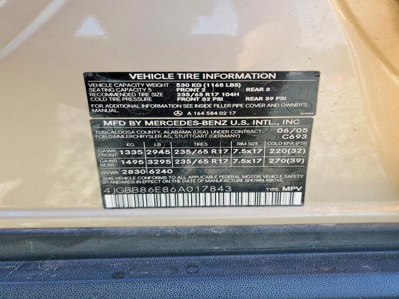 Продаж на аукціоні авто 2006 Mercedes-benz Ml, vin: 4JGBB86E86A017843, номер лоту: 54903786