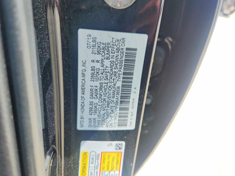 54814596 :رقم المزاد ، 1HGCV1F59KA136536 vin ، 2019 Honda Accord مزاد بيع