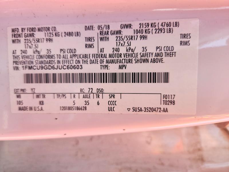Продаж на аукціоні авто 2018 Ford Escape, vin: 1FMCU9GD6JUC60603, номер лоту: 52150676