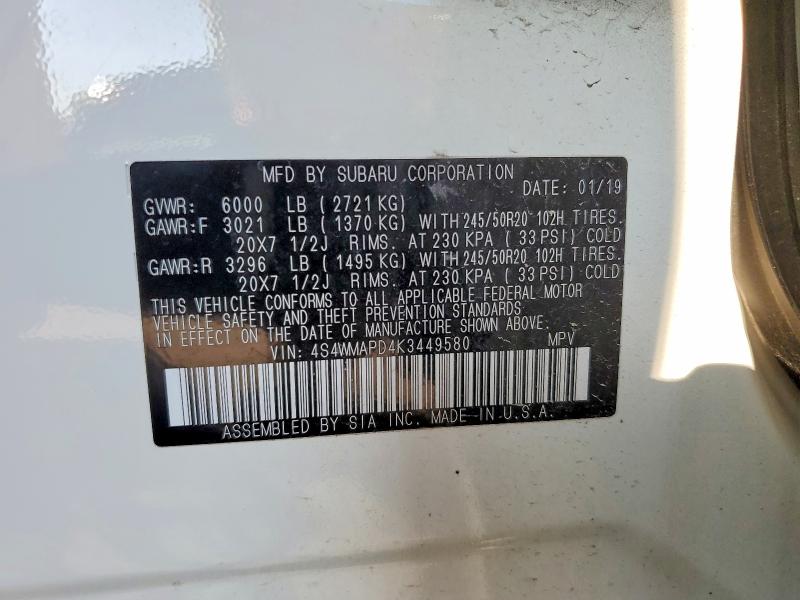 53745326 :رقم المزاد ، 4S4WMAPD4K3449580 vin ، 2019 Subaru Ascent مزاد بيع